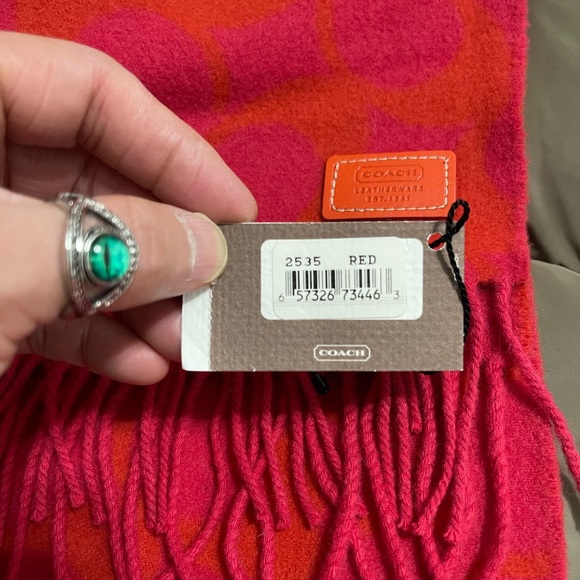 NWT Women’s Coach Signature 100% Merino Wool Fringe Scarf In Red 82” X 8.5” - Picture 7 of 11